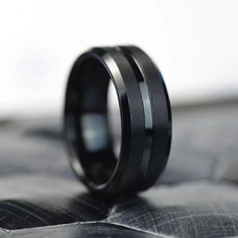 Men's Black Groove Wedding Ring Band - Grooved Black Wedding Ring For Guys